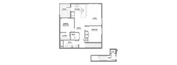 Two-bedroom apartment floor plan with open living and dining space, central kitchen with island, one full bathroom, in-unit laundry, and a patio off the kitchen.