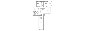 Three-bedroom apartment floor plan with open kitchen and dining area, spacious living room, two bathrooms, in-unit laundry, private patio, and attached garage.