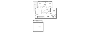 Three-bedroom apartment floor plan featuring open living and dining area, central kitchen with island, two bathrooms, in-unit laundry, large patio, and attached garage below.