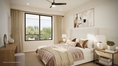 Rendering of bright townhome apartment bedroom with upholstered bed, neutral finishes, ceiling fan, and large window with balcony and tree views.