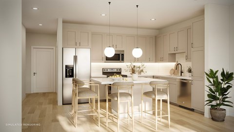 A modern kitchen with a dining table and chairs.