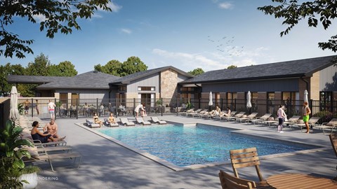 Resort-style apartment community pool with lounge chairs, spacious sundeck, and clubhouse exterior surrounded by trees.