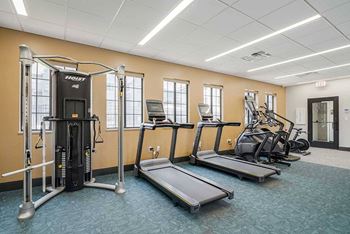 a fitness center with exercise machines, treadmills, and ellipticals