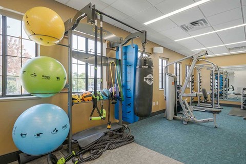 a fitness center with yoga and pilates exercise equipment