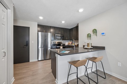A kitchen with a bar stool and a plant on the counter.