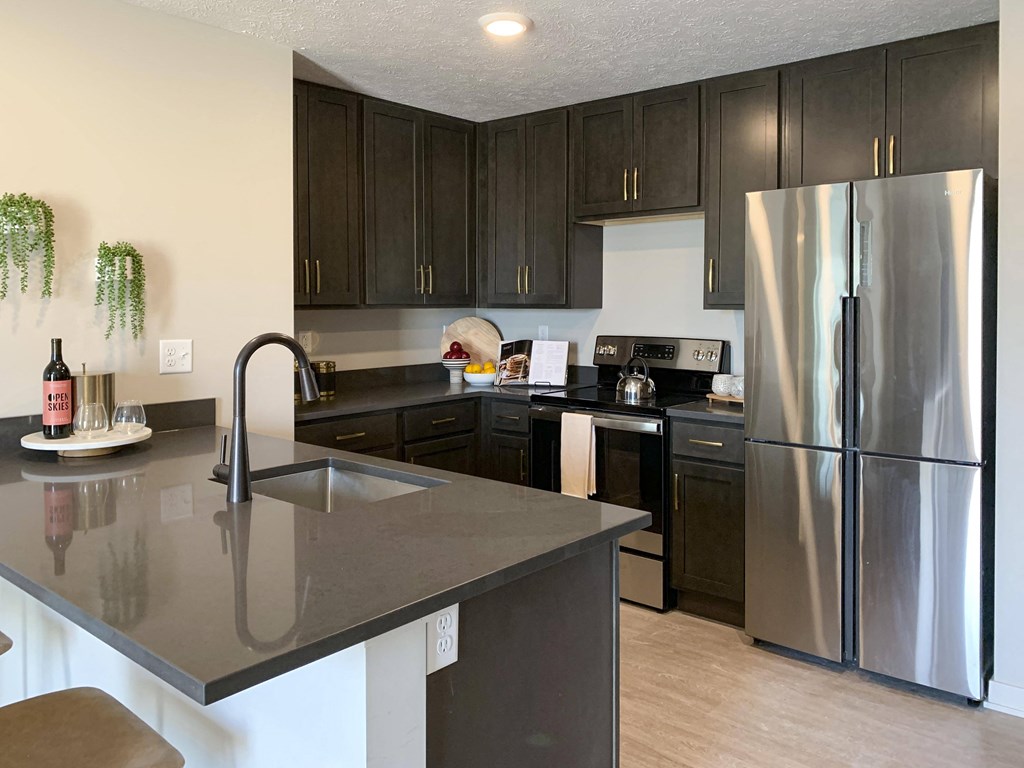 a kitchen with black cabinets and stainless steel appliances