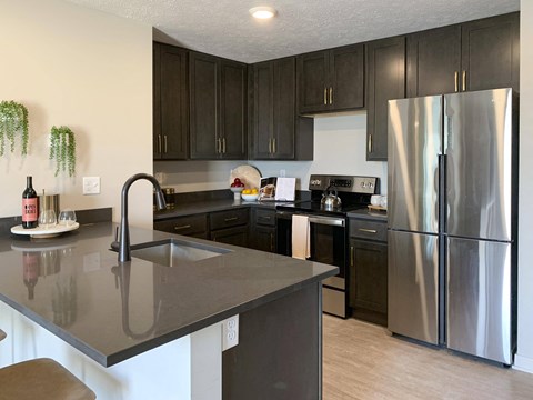 a kitchen with black cabinets and stainless steel appliances