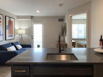 a kitchen with a sink and a couch in the background