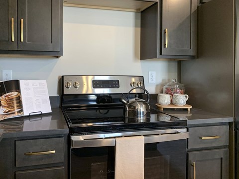 a kitchen with black cabinets with gold handles and stainless steel stove