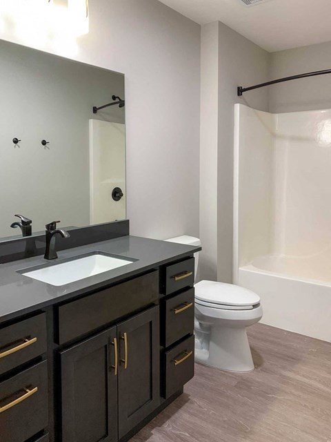 a bathroom with a vanity sink that has dark cabinets and countertops