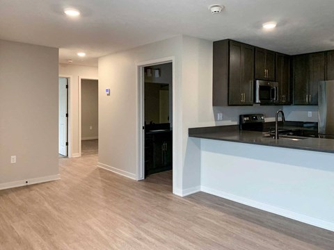 a kitchen with dark cabinets and a living room with wooden flooring