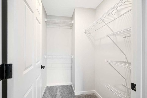 The second bedroom's walk in closet with built-in shelving