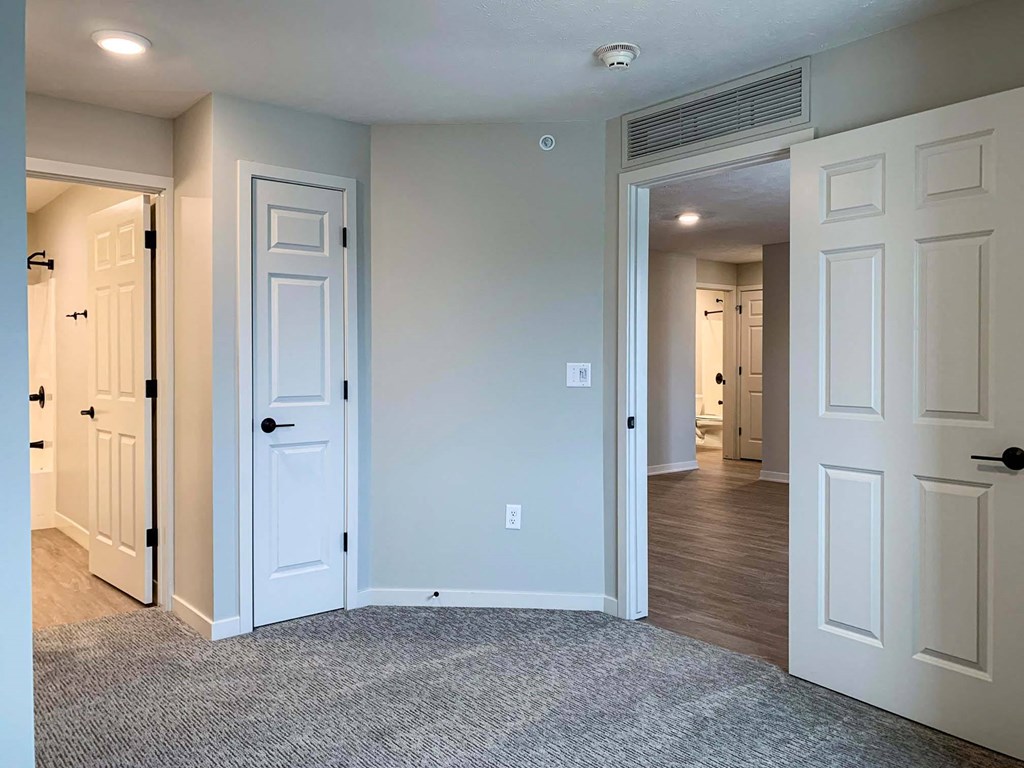 a carpeted bedroom with attached bath and linen closet