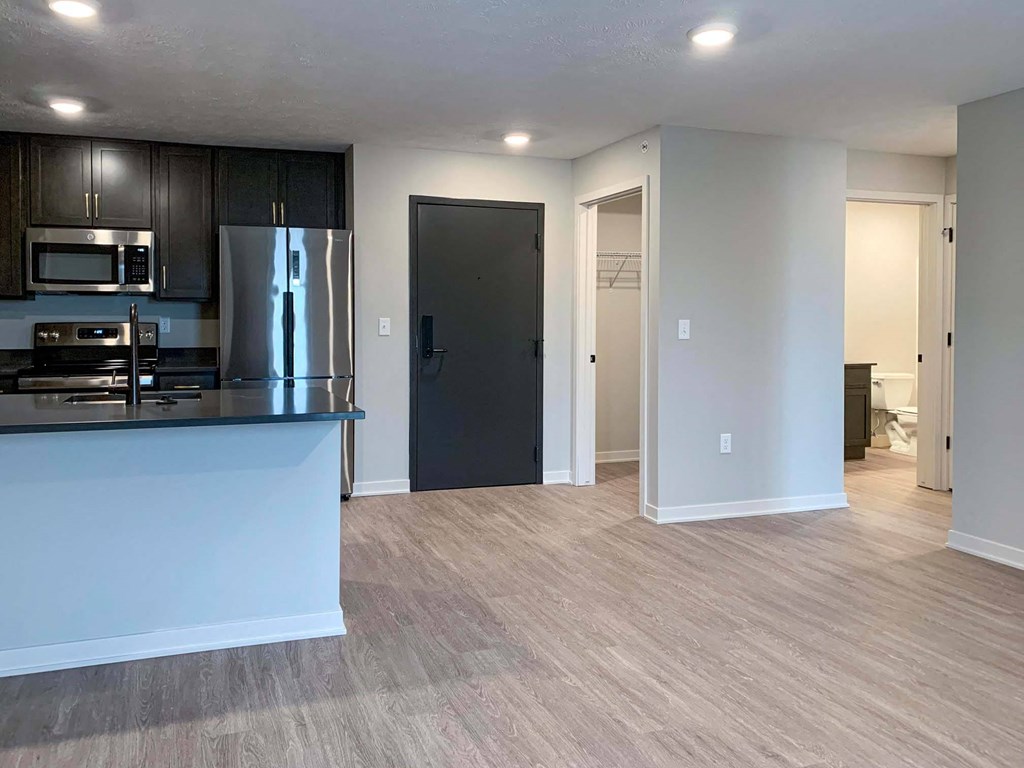 the main entry way that opens to the kitchen a hall closet and the living room