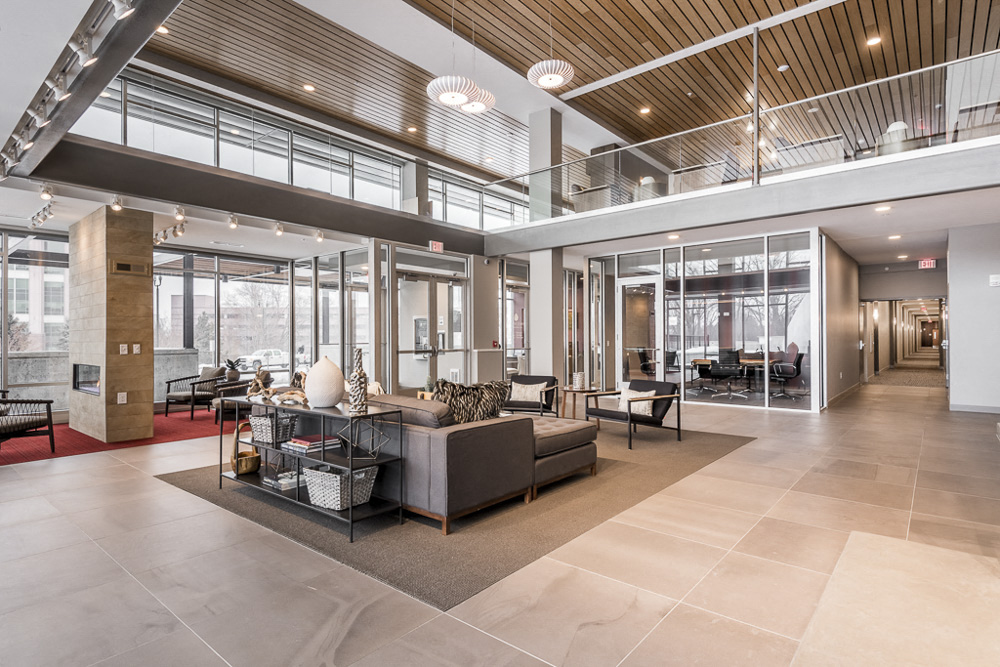 Clubhouse interior with seating area and skywalk