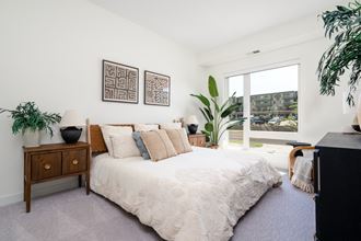 bedroom with king sized bed with off white linens , large window, and large plant in corner of room - Photo Gallery