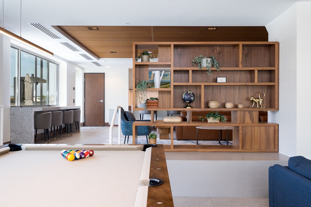 Pool table in the entertainment suite with aesthetic wooden shelf in the back