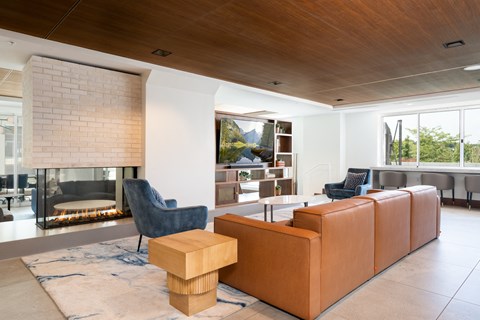 a living room with couches and chairs and a fireplace