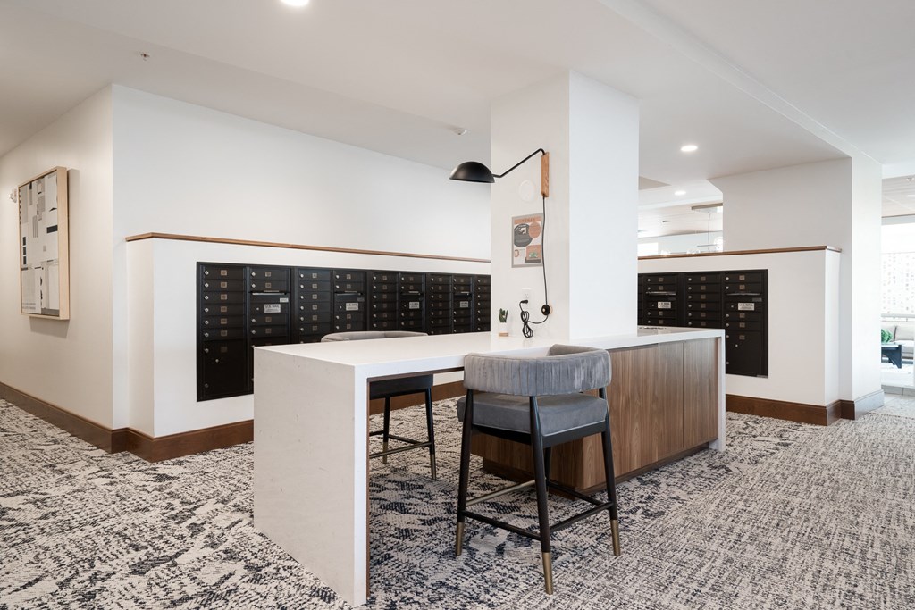 Mail room with secure mail boxes and parcel lockers.