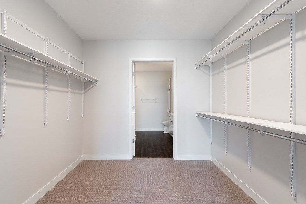 Large walk in closet with ample shelving and hanging space
