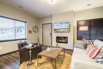 Interiors-Living room view of a 1 bedroom apartment with large windows