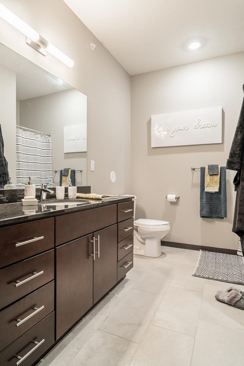 A bathroom with a toilet, sink, and mirror.