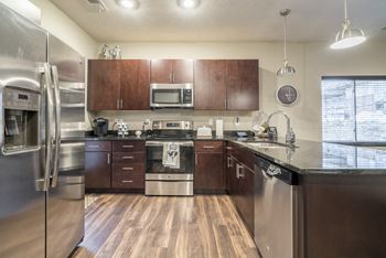 Interiors-1 bedroom apartment kitchen in traditional design scheme with dark cabinetry and stainless steel appliances