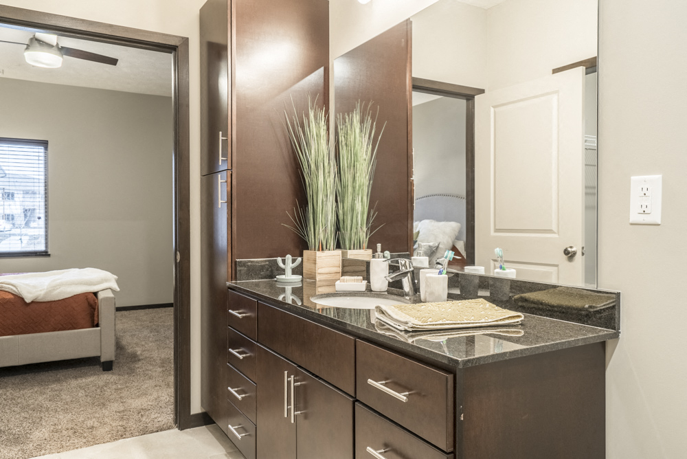 Interiors-Master bath in traditional design scheme with dark cabinetry and granite countertops