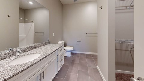 A bathroom with a toilet, sink, and shower, plus an attached closet.