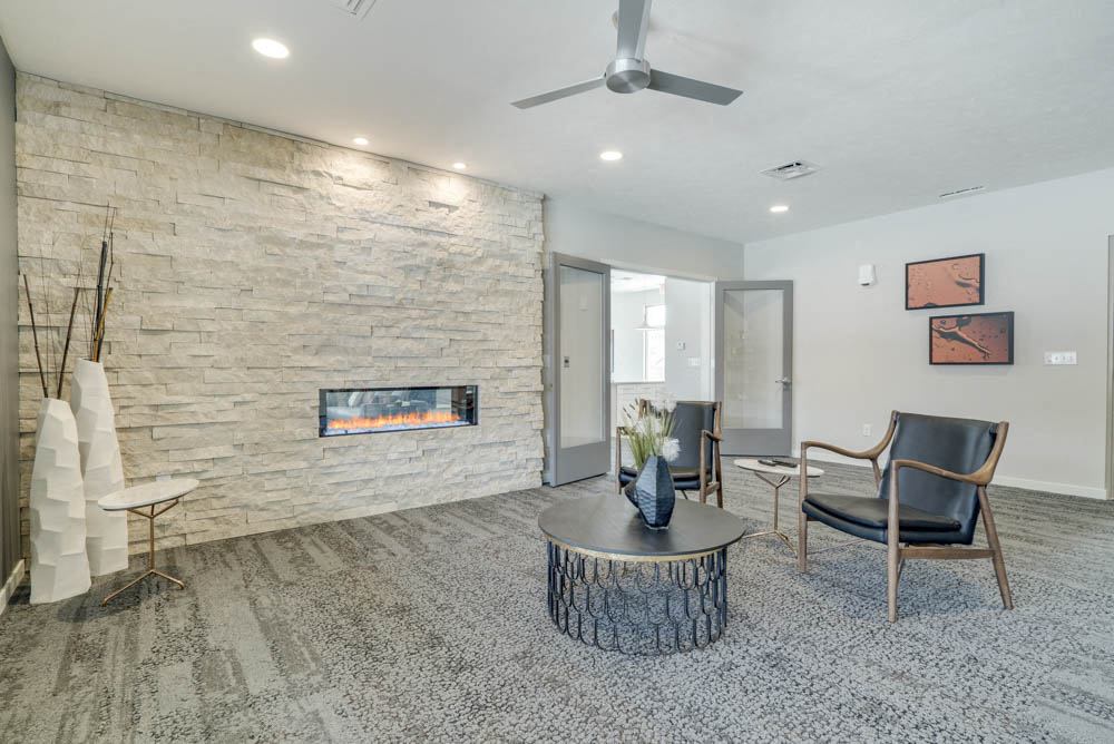 Clubhouse leasing lounge at The Villas at Falling Waters townhomes in west Omaha