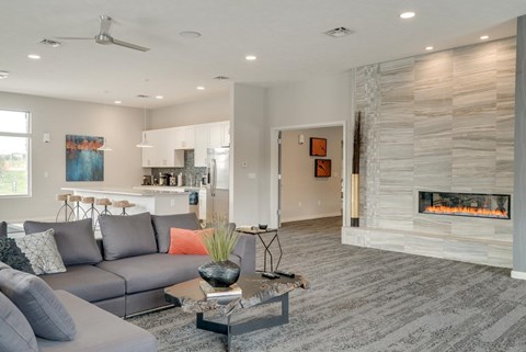 A modern living room with a grey sofa and a fireplace.