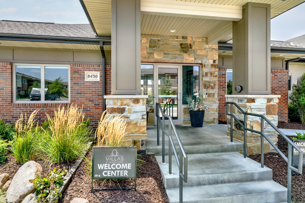 Exterior of the welcome center at The Villas at Mahoney Park