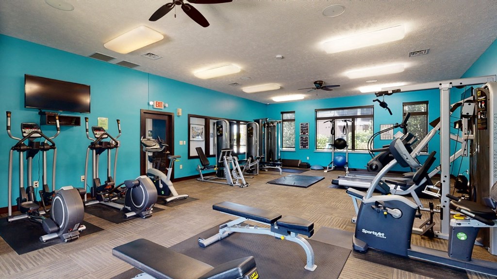 a gym with cardio equipment, work out machines, and a flat screen tv