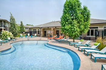 Organically shaped resort style pool surrounded a pool deck with bright blue lounge chairs - Photo Gallery 12