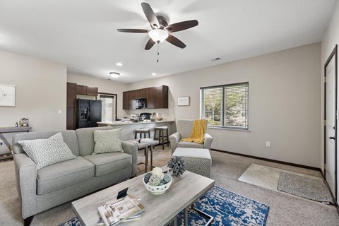 A living room with a grey couch and a ceiling fan.