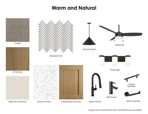 Warm and natural apartment finish palette board featuring textured carpet, wood-look LVT flooring, herringbone backsplash tile, speckled quartz counters, wood cabinets, and matte black fixtures and lighting.