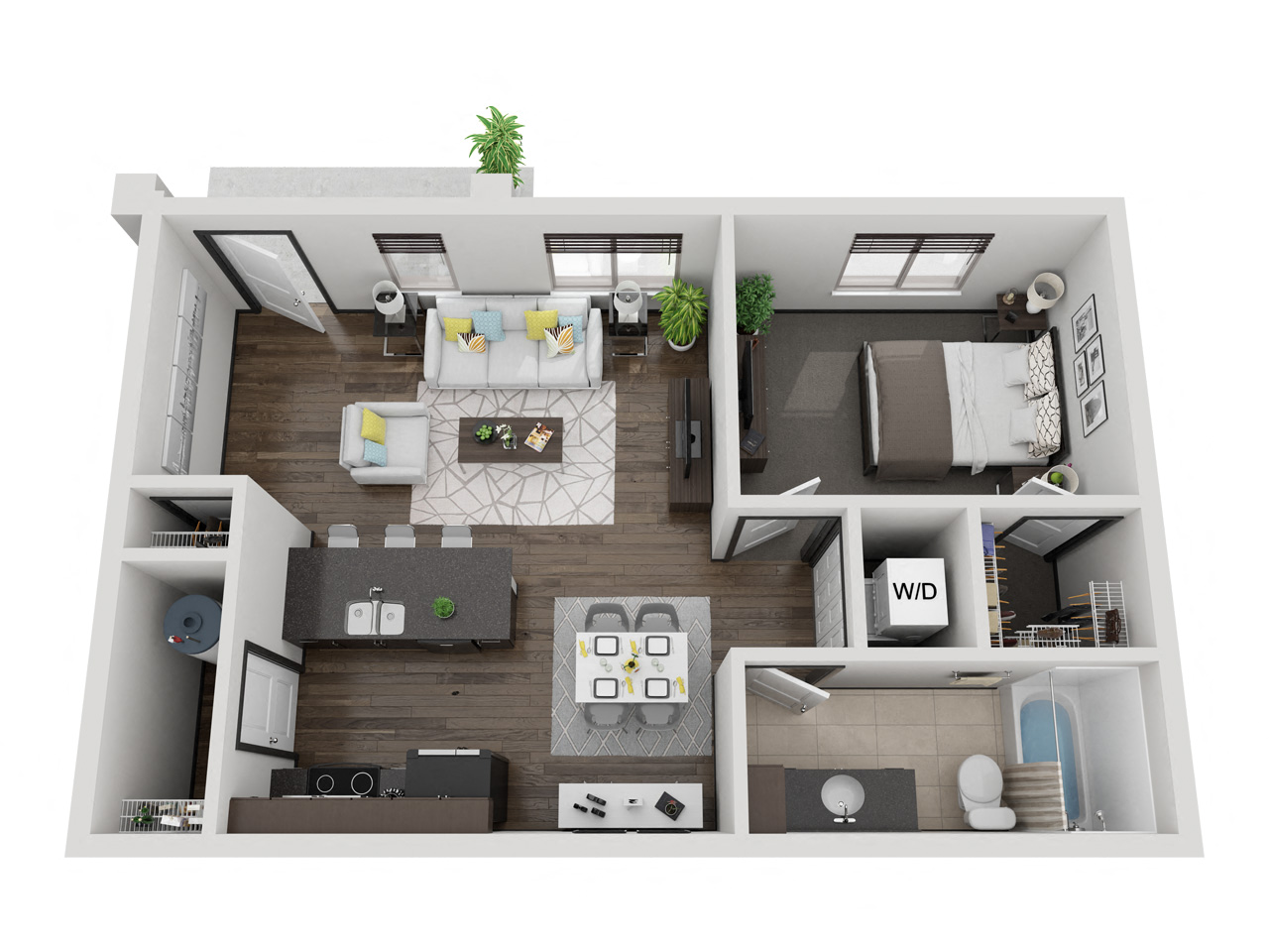 Zion one bedroom 3D floor plan at The Villas at Mahoney Park