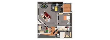 A floor plan of an apartment with a kitchen, living room, dining room, bedroom, bathroom, closet, entry, and laundry room.