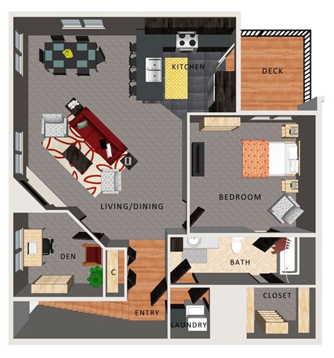 A floor plan of an apartment with a kitchen, living room, dining room, bedroom, bathroom, closet, entry, and laundry room.