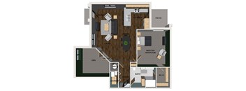 A floor plan of a one bedroom apartment with a kitchen, dining room, living room, den, and bathroom.
