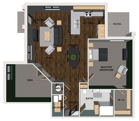 A floor plan of a one bedroom apartment with a kitchen, dining room, living room, den, and bathroom.