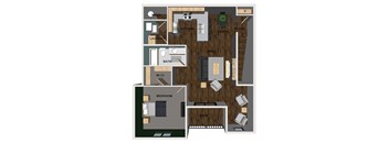 A floor plan of a one bedroom apartment with a living room, dining room, kitchen, and laundry.