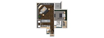 A floor plan of an apartment with a living room, dining room, kitchen, laundry, and bedrooms.