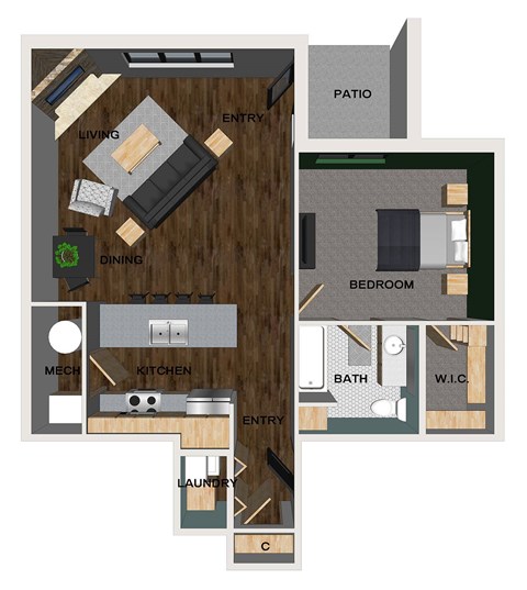 A floor plan of an apartment with a living room, dining room, kitchen, laundry, and bedrooms.