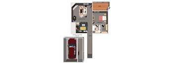 A floor plan of a one bedroom villa with a garage and a car.