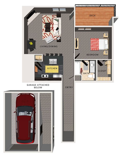 A floor plan of a one bedroom villa with a garage and a car.