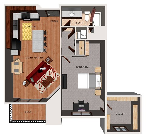 A floor plan of an apartment with a kitchen, living room, bedroom, bathroom, and closet.