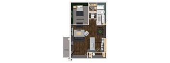 A floor plan of an apartment with a living room, kitchen, dining room, bedroom, and bathroom.