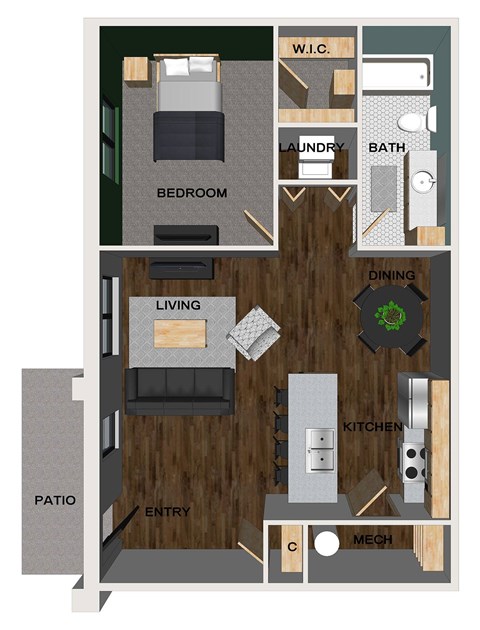 A floor plan of an apartment with a living room, kitchen, dining room, bedroom, and bathroom.