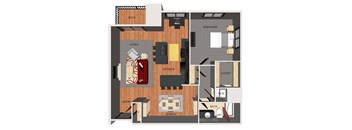 A floor plan of an apartment with a living room, kitchen, dining room, bedroom, and bathroom.